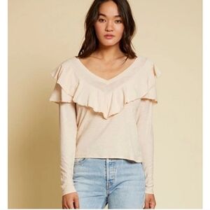 Nation LTD Long Sleeve Ruffle V-Neck Top in Light Cream
